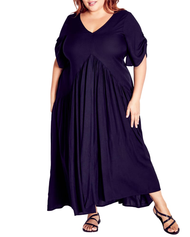 Front of a model wearing a size 20 DRESS VAL in Navy by avenue. | dia_product_style_image_id:298471